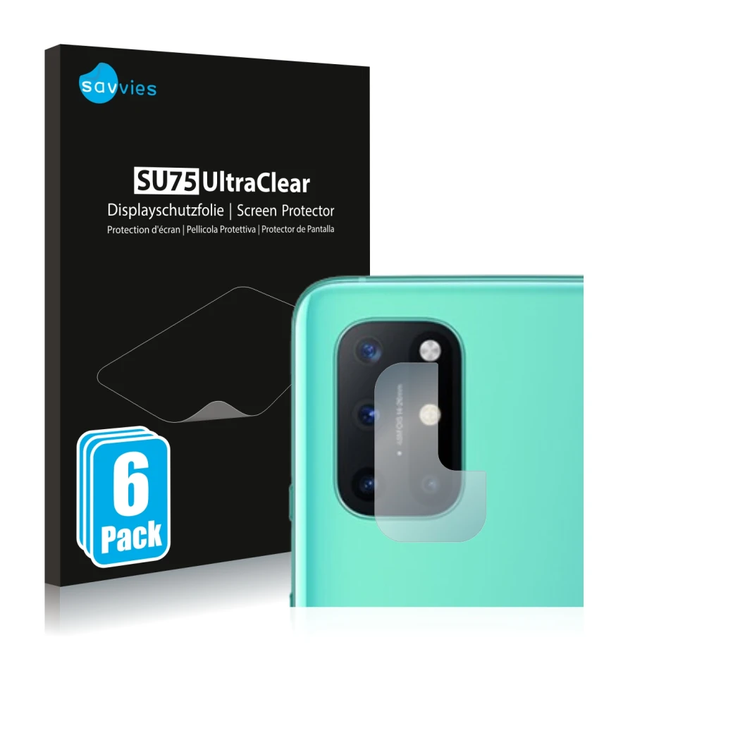 Parte frontal de un envase de producto con el logotipo de la marca Savvies. Al lado se muestra el dispositivo OnePlus 8T (SÓLO