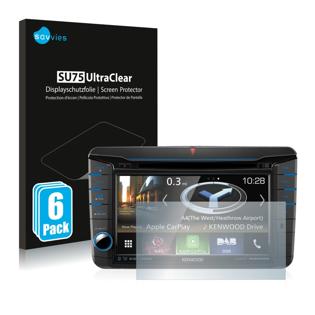 Parte frontal de un envase de producto con el logotipo de la marca Savvies. Al lado se muestra el dispositivo Kenwood DNX518VD