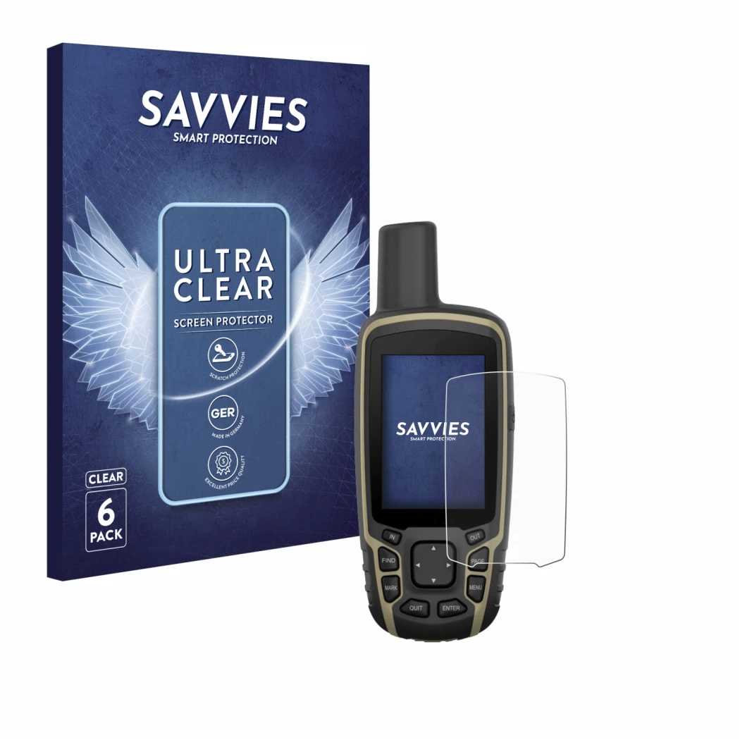 Parte frontal de un envase de producto con el logotipo de la marca Savvies. Al lado se muestra el dispositivo Garmin GPSMAP 65