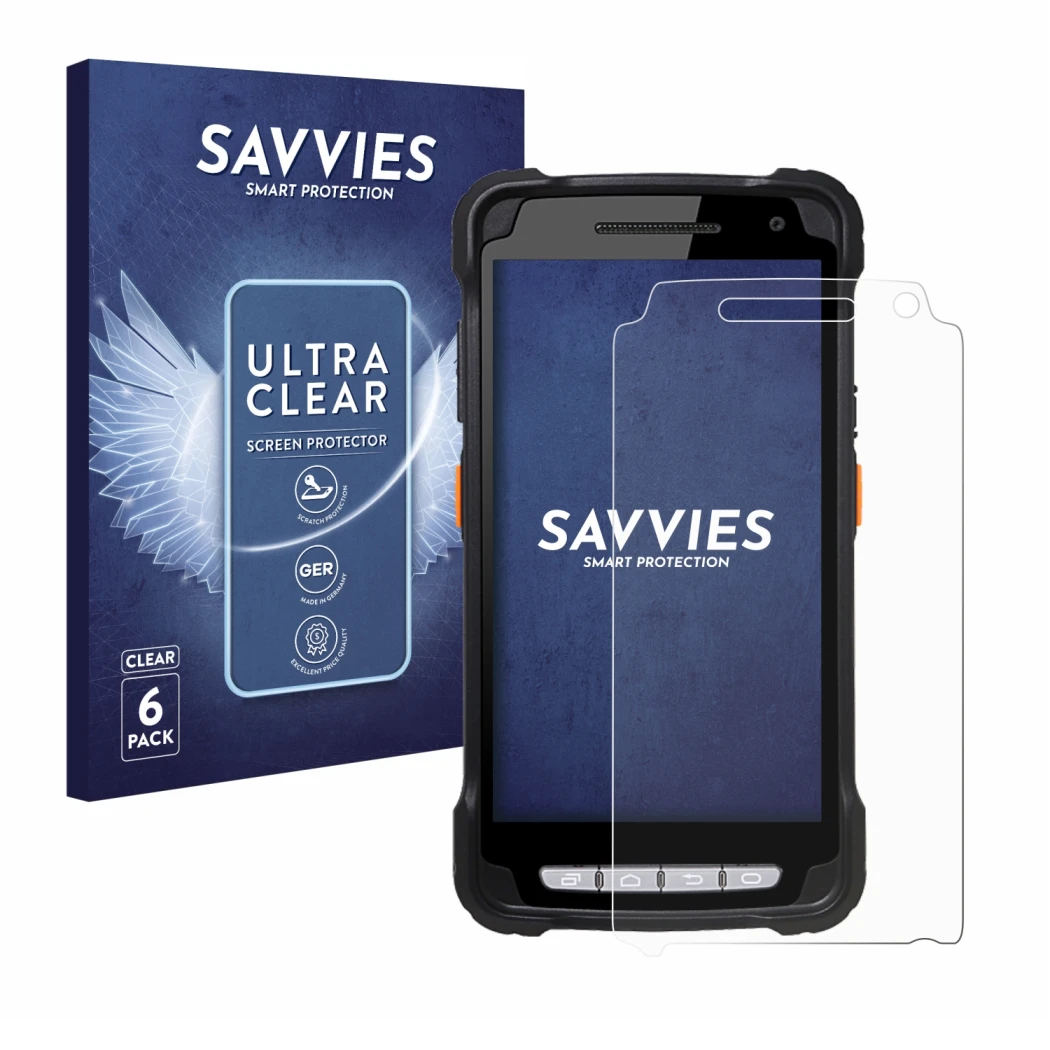 Parte frontal de un envase de producto con el logotipo de la marca Savvies. Al lado se muestra el dispositivo Point Mobile PM9
