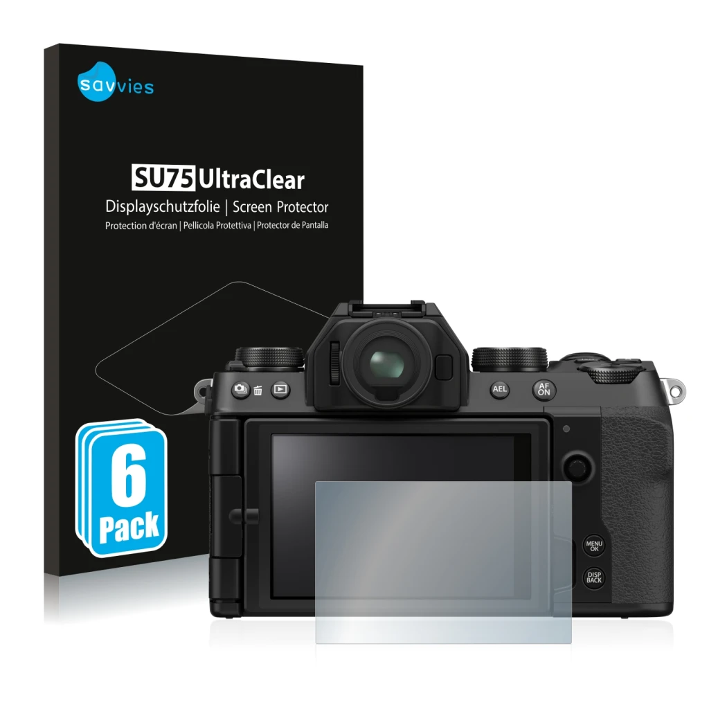 Parte frontal de un envase de producto con el logotipo de la marca Savvies. Al lado se muestra el dispositivo Fujifilm X-S10 c