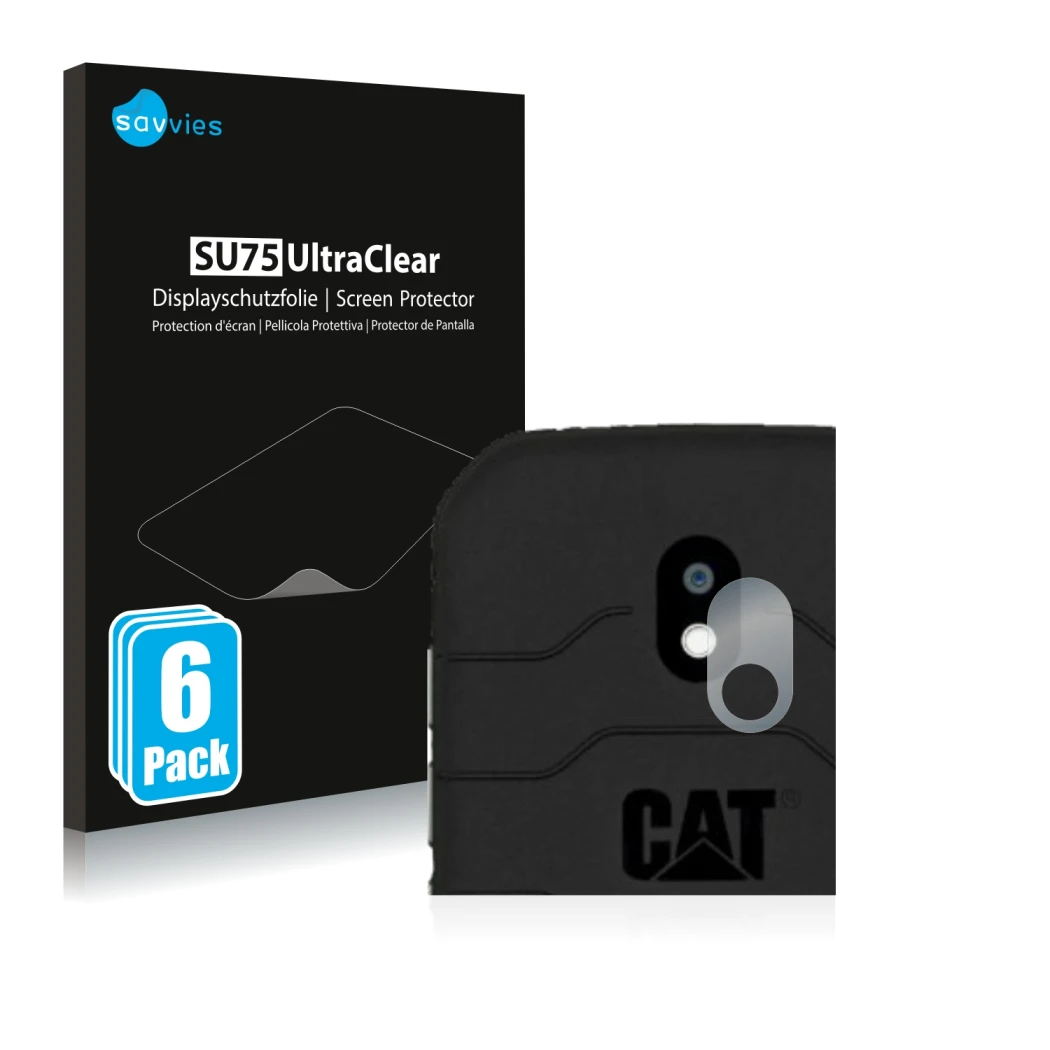 Parte frontal de un envase de producto con el logotipo de la marca Savvies. Al lado se muestra el dispositivo Caterpillar Cat 