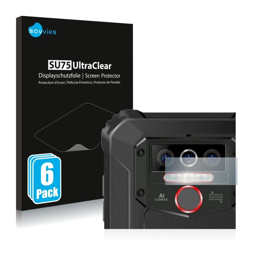 Parte frontal de un envase de producto con el logotipo de la marca Savvies. Al lado se muestra el dispositivo Oukitel WP5 Pro 