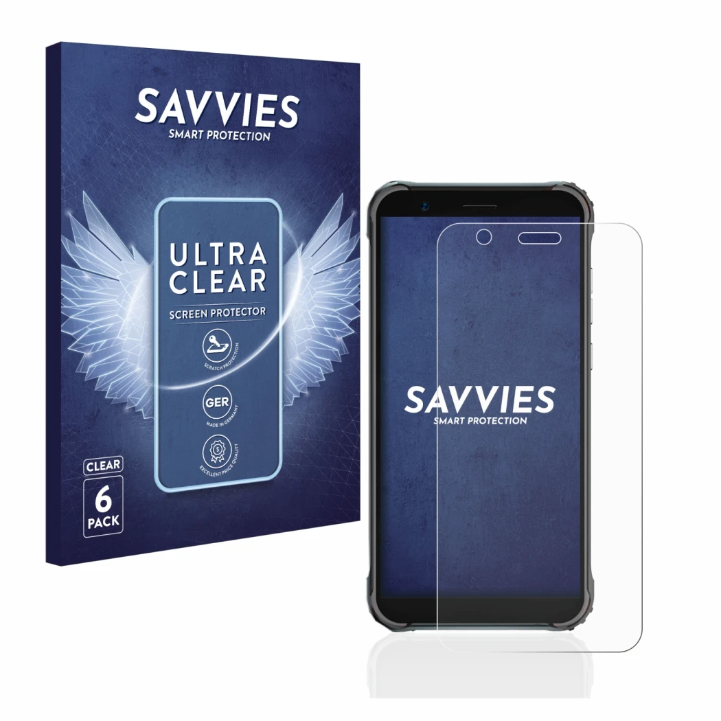 Parte frontal de un envase de producto con el logotipo de la marca Savvies. Al lado se muestra el dispositivo Blackview BV4900