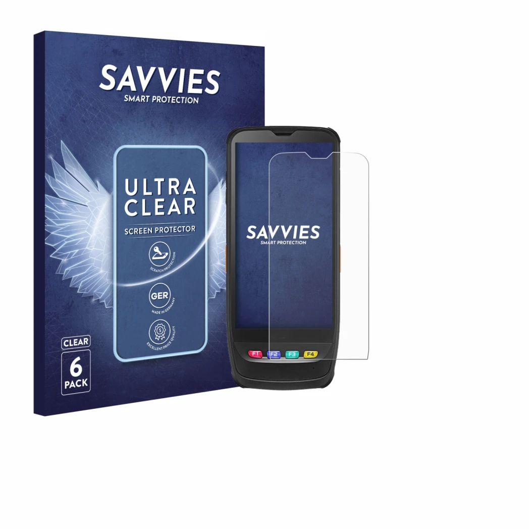 Parte frontal de un envase de producto con el logotipo de la marca Savvies. Al lado se muestra el dispositivo Casio IT-G650 co