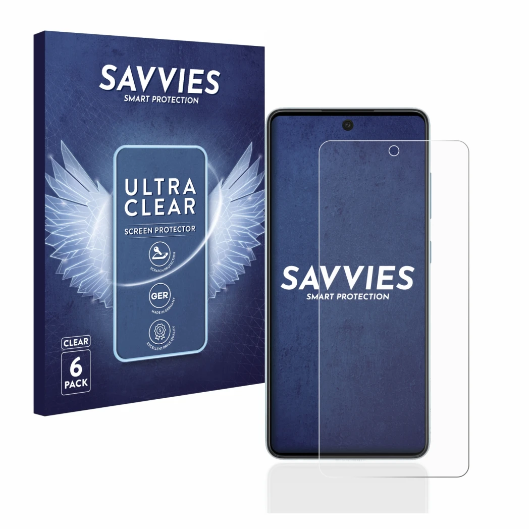 Parte frontal de un envase de producto con el logotipo de la marca Savvies. Al lado se muestra el dispositivo Samsung Galaxy A