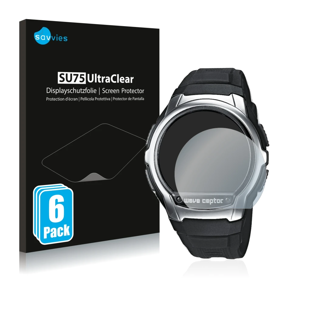 Parte frontal de un envase de producto con el logotipo de la marca Savvies. Al lado se muestra el dispositivo Casio Wave Cepto