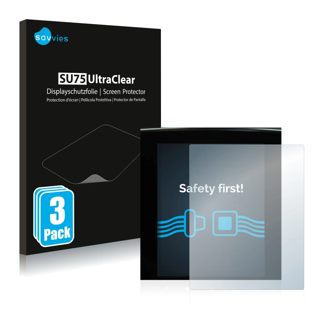 Parte frontal de un envase de producto con el logotipo de la marca Savvies. Al lado se muestra el dispositivo Renault Megane 4