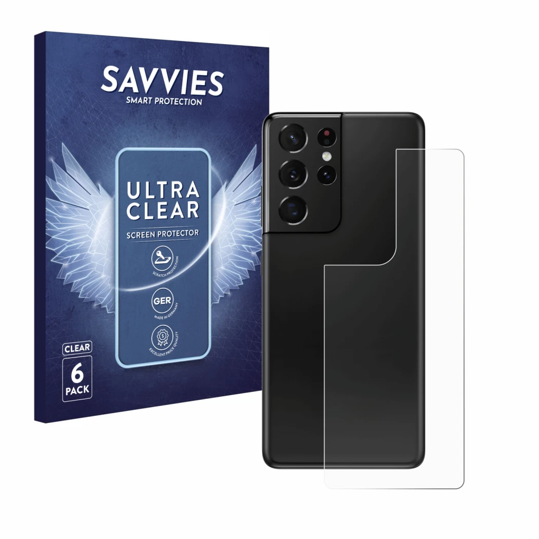 Parte frontal de un envase de producto con el logotipo de la marca Savvies. Al lado se muestra el dispositivo Samsung Galaxy S