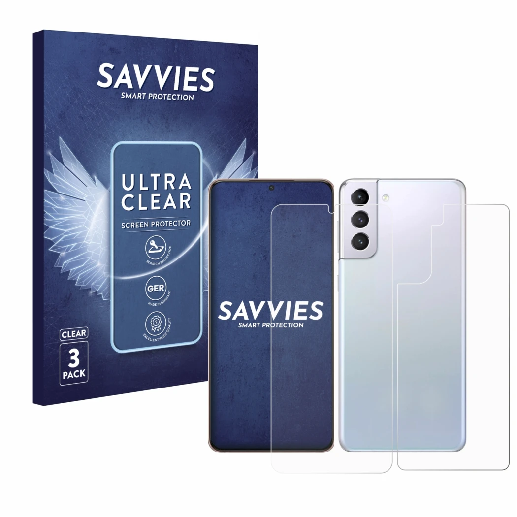 Parte frontal de un envase de producto con el logotipo de la marca Savvies. Al lado se muestra el dispositivo Samsung Galaxy S