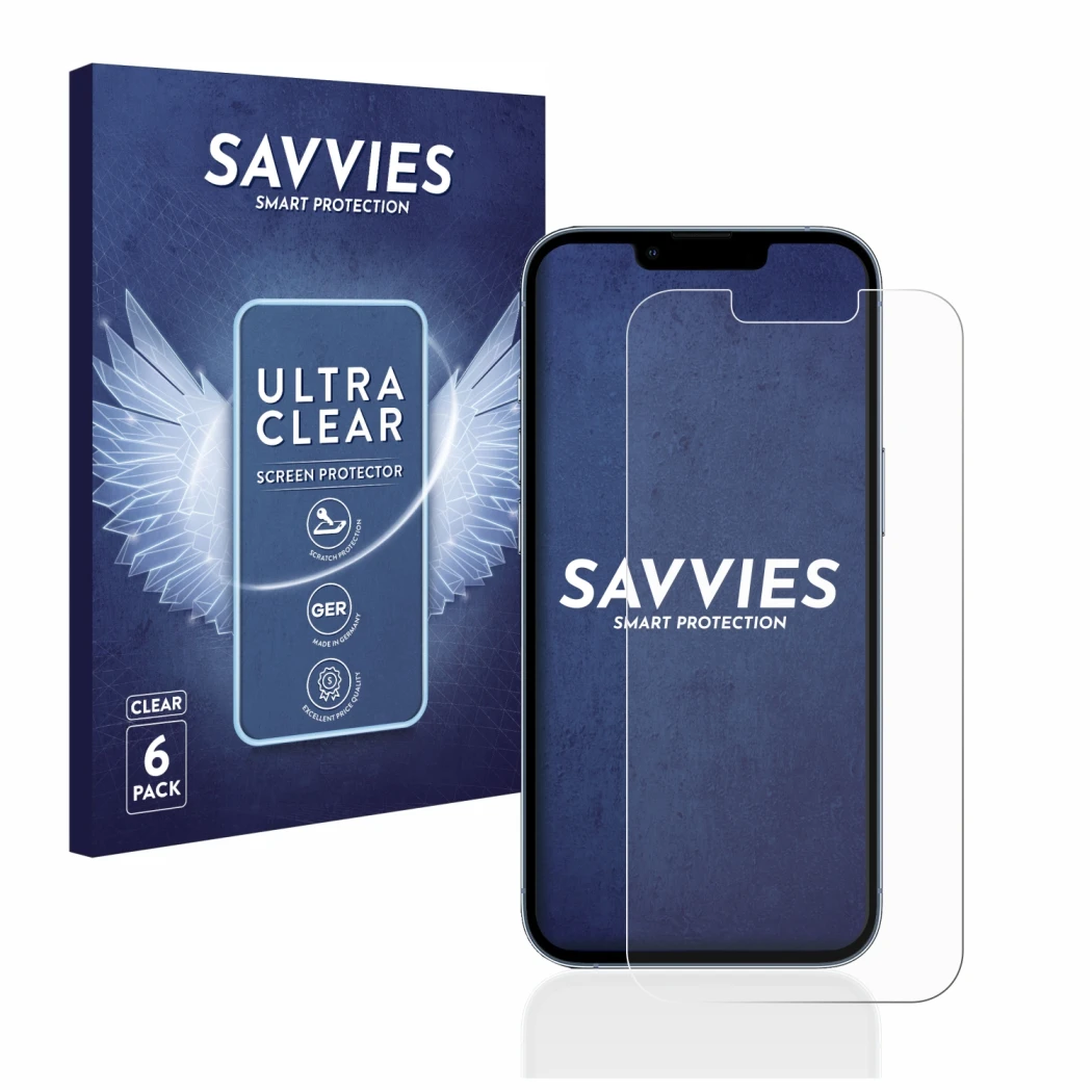 Parte frontal de un envase de producto con el logotipo de la marca Savvies. Al lado se muestra el dispositivo Apple iPhone 13 