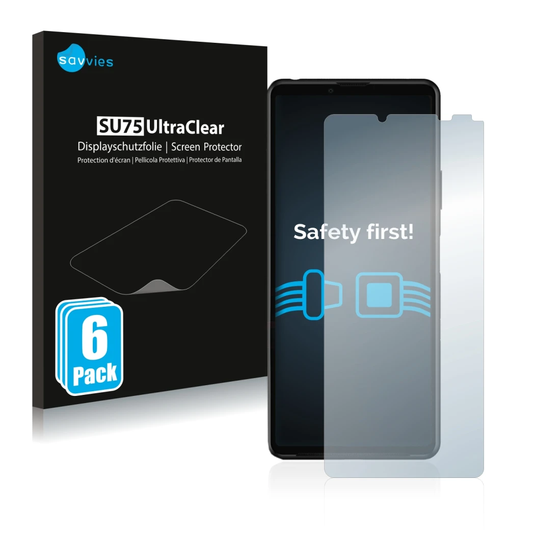 Parte frontal de un envase de producto con el logotipo de la marca Savvies. Al lado se muestra el dispositivo Sony Xperia 10 I