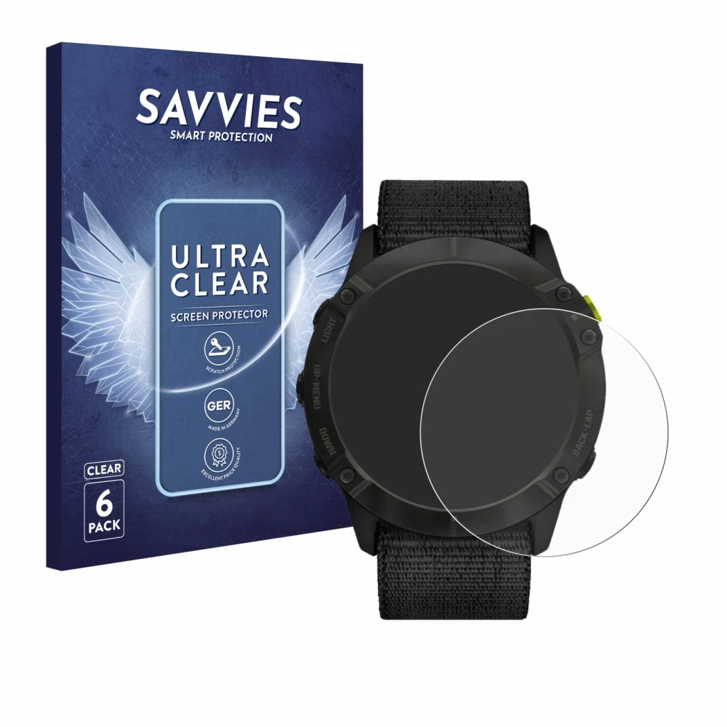 Parte frontal de un envase de producto con el logotipo de la marca Savvies. Al lado se muestra el dispositivo Garmin Enduro co