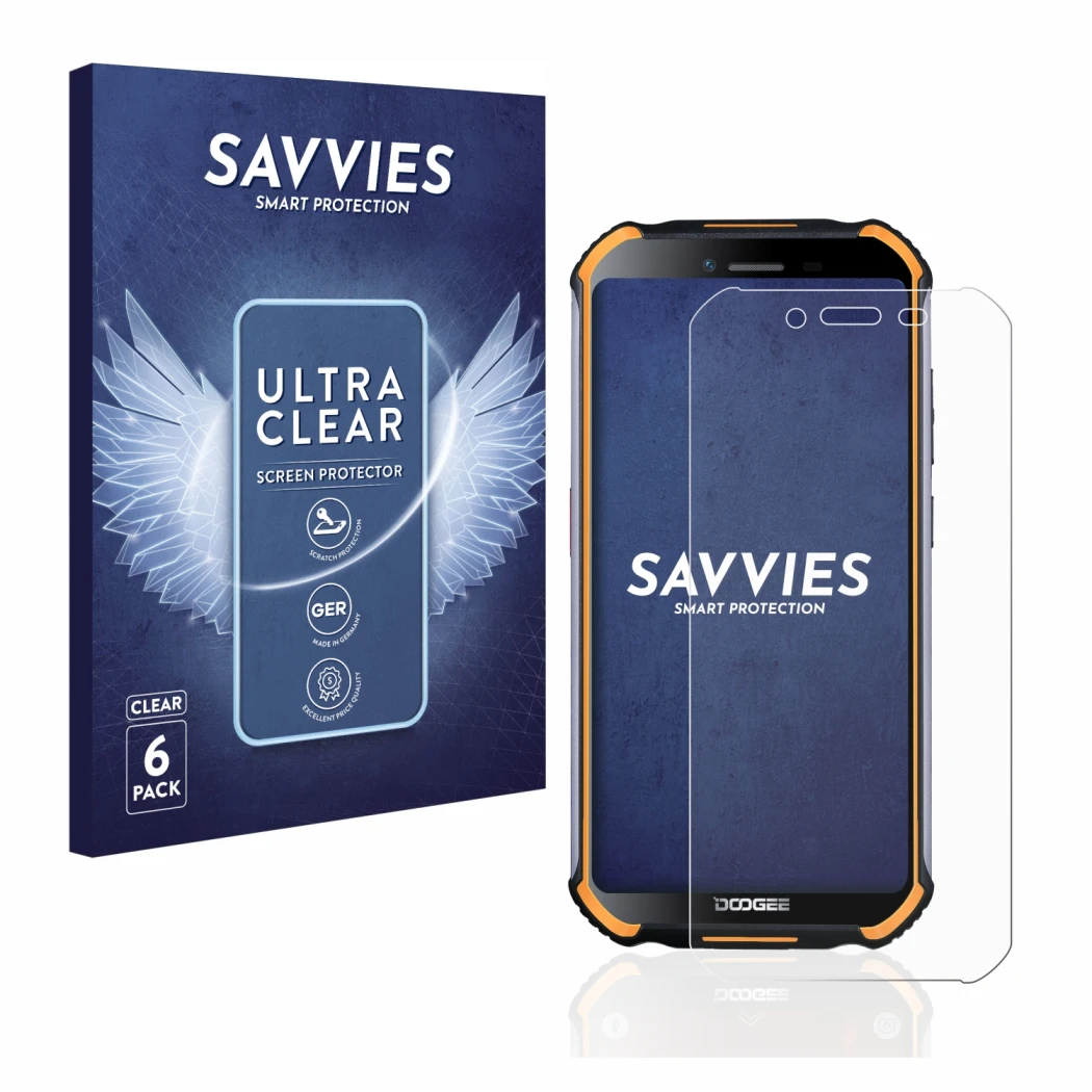 Parte frontal de un envase de producto con el logotipo de la marca Savvies. Al lado se muestra el dispositivo Doogee S40 Pro c