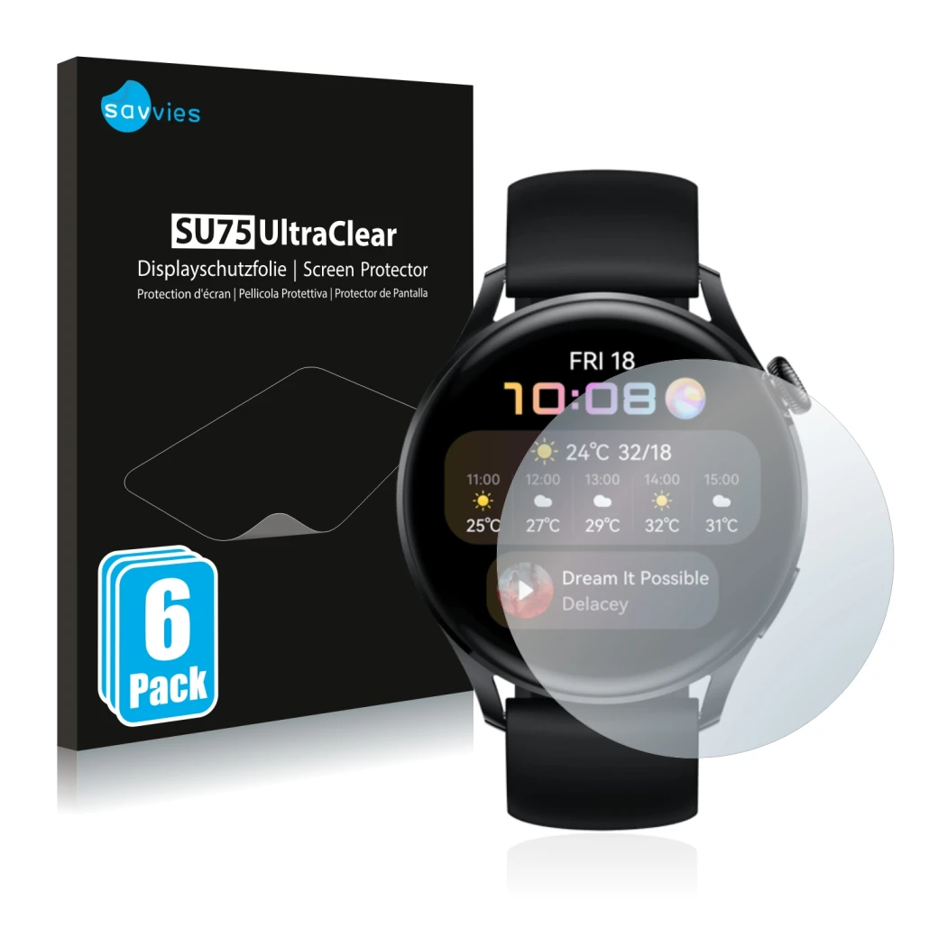 Parte frontal de un envase de producto con el logotipo de la marca Savvies. Al lado se muestra el dispositivo Huawei Watch 3 c