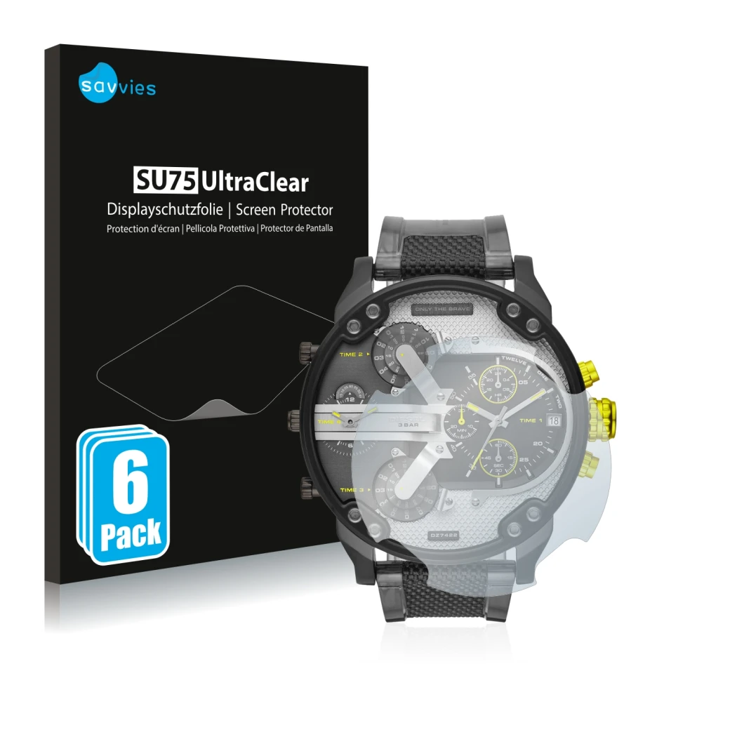 Parte frontal de un envase de producto con el logotipo de la marca Savvies. Al lado se muestra el dispositivo Diesel DZ7422 Mr