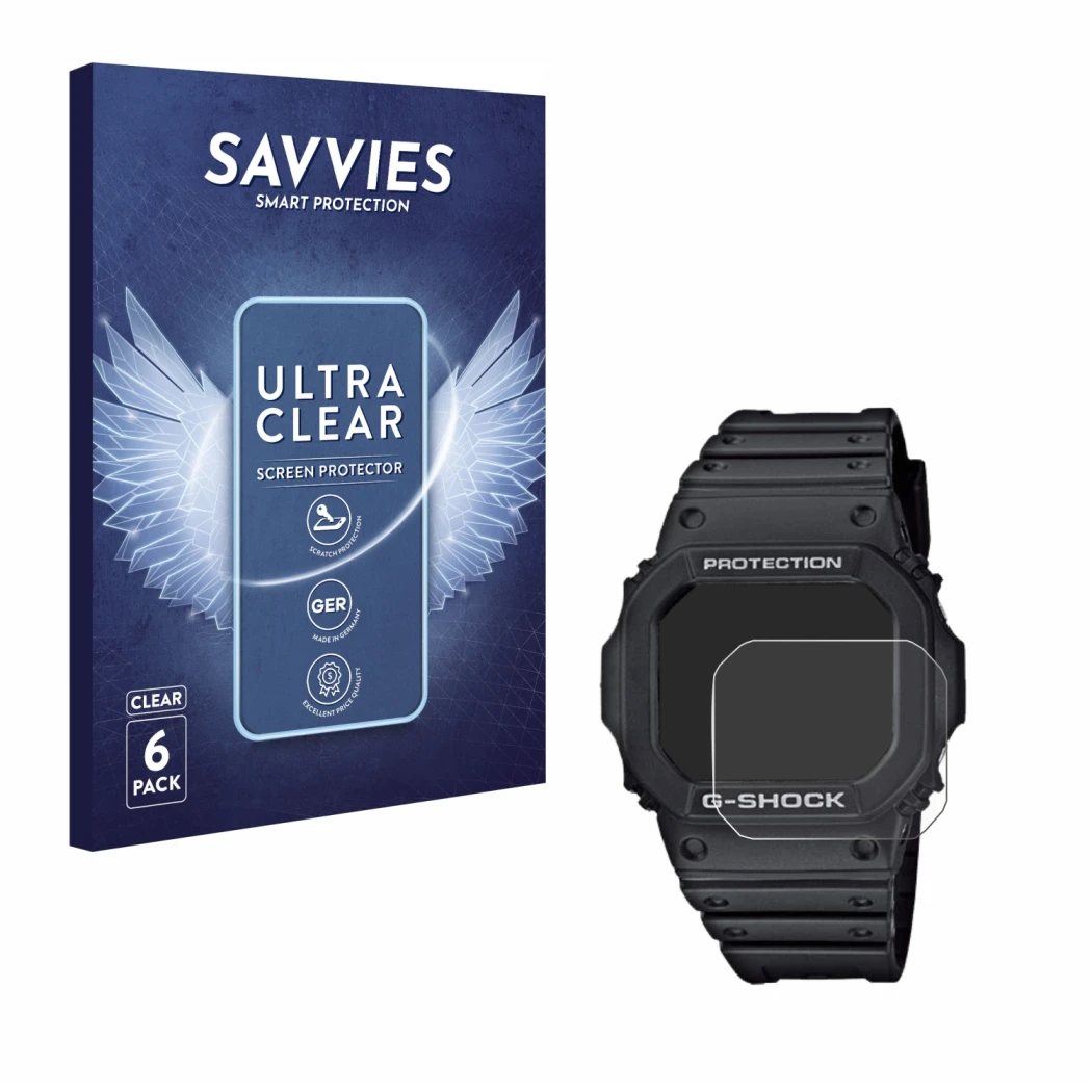 Parte frontal de un envase de producto con el logotipo de la marca Savvies. Al lado se muestra el dispositivo Casio G-Shock GW
