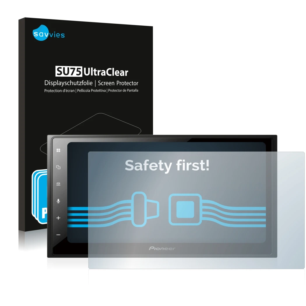 Parte frontal de un envase de producto con el logotipo de la marca Savvies. Al lado se muestra el dispositivo Pioneer SPH-DA25