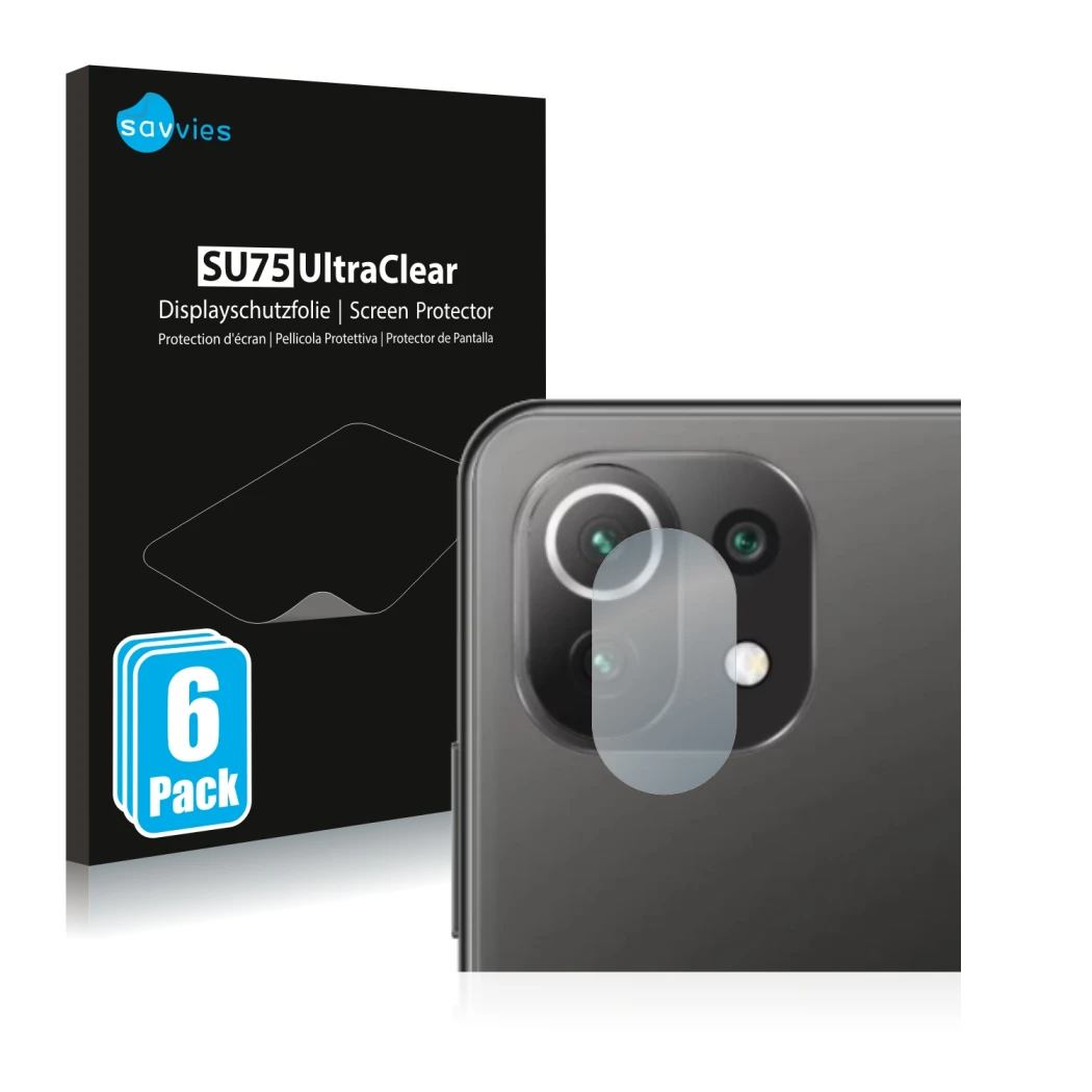 Parte frontal de un envase de producto con el logotipo de la marca Savvies. Al lado se muestra el dispositivo Xiaomi Mi 11 Lit