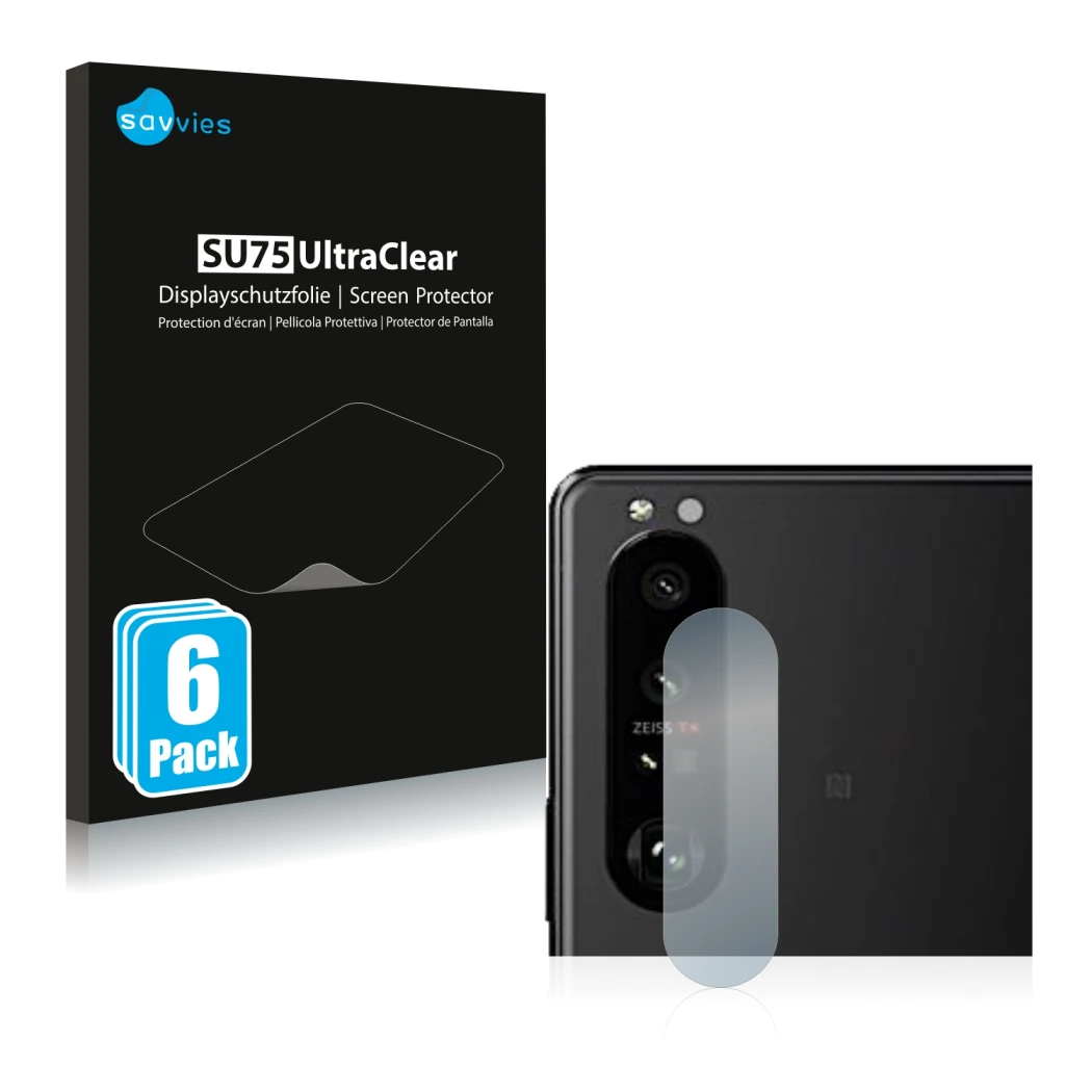 Parte frontal de un envase de producto con el logotipo de la marca Savvies. Al lado se muestra el dispositivo Sony Xperia 5 II