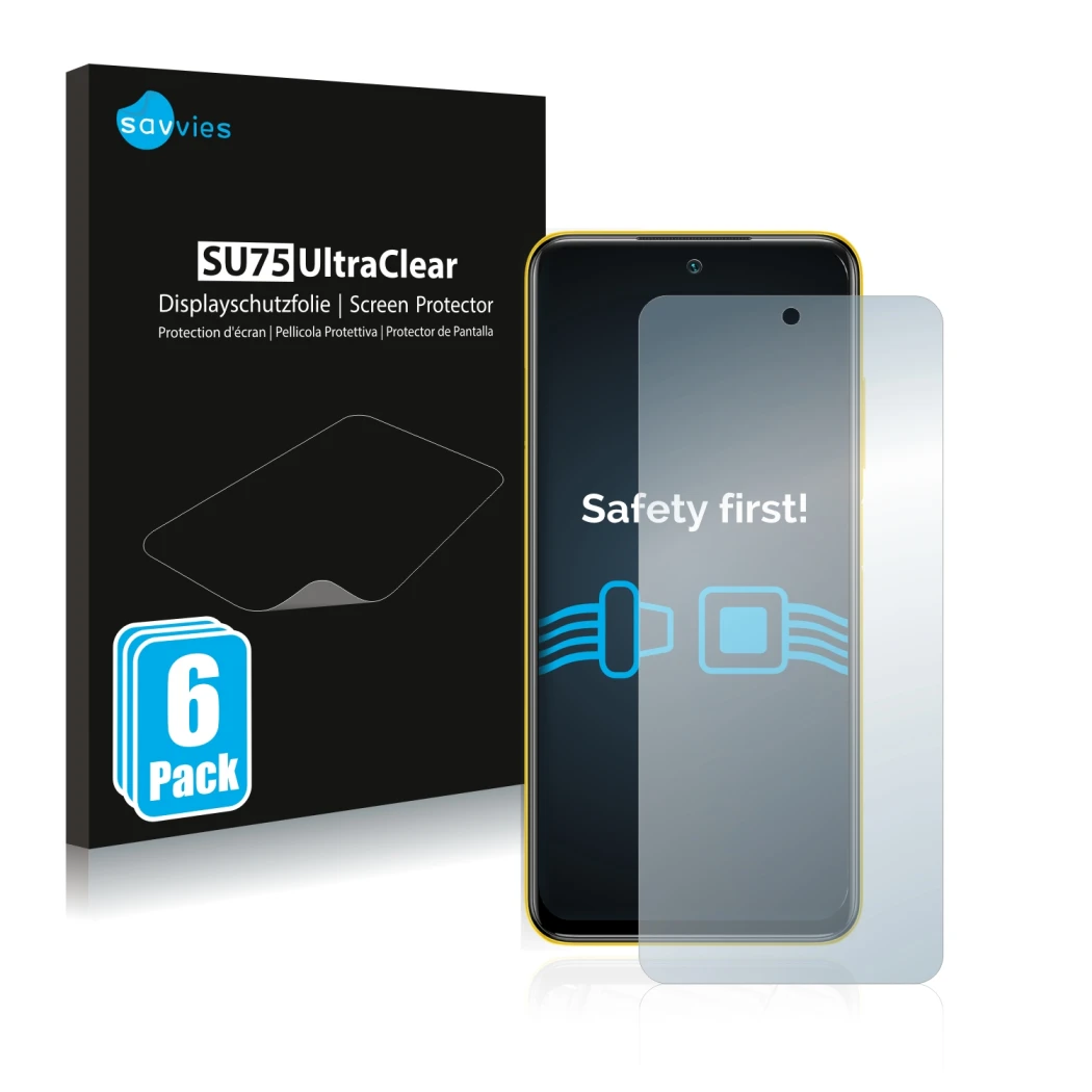 Parte frontal de un envase de producto con el logotipo de la marca Savvies. Al lado se muestra el dispositivo Xiaomi Poco M3 P