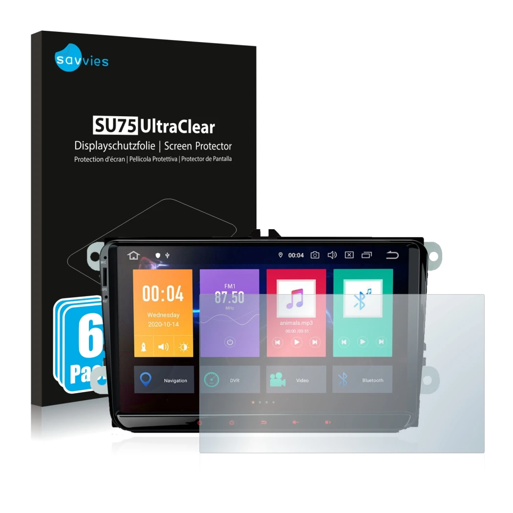 Parte frontal de un envase de producto con el logotipo de la marca Savvies. Al lado se muestra el dispositivo Xtrons PBE90MTVL