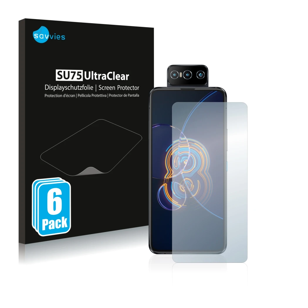 Parte frontal de un envase de producto con el logotipo de la marca Savvies. Al lado se muestra el dispositivo ASUS ZenFone 8 F