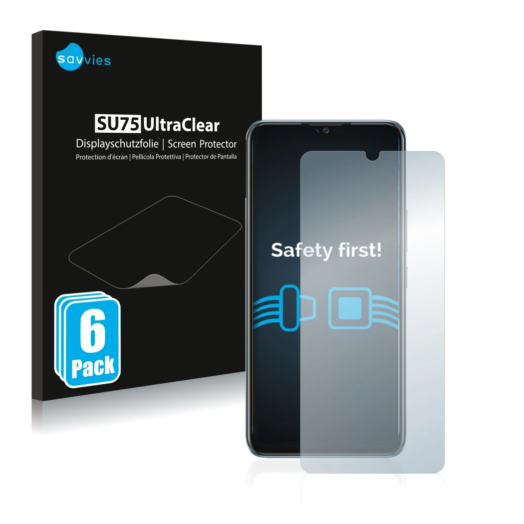 Parte frontal de un envase de producto con el logotipo de la marca Savvies. Al lado se muestra el dispositivo Vivo Y70 con su 