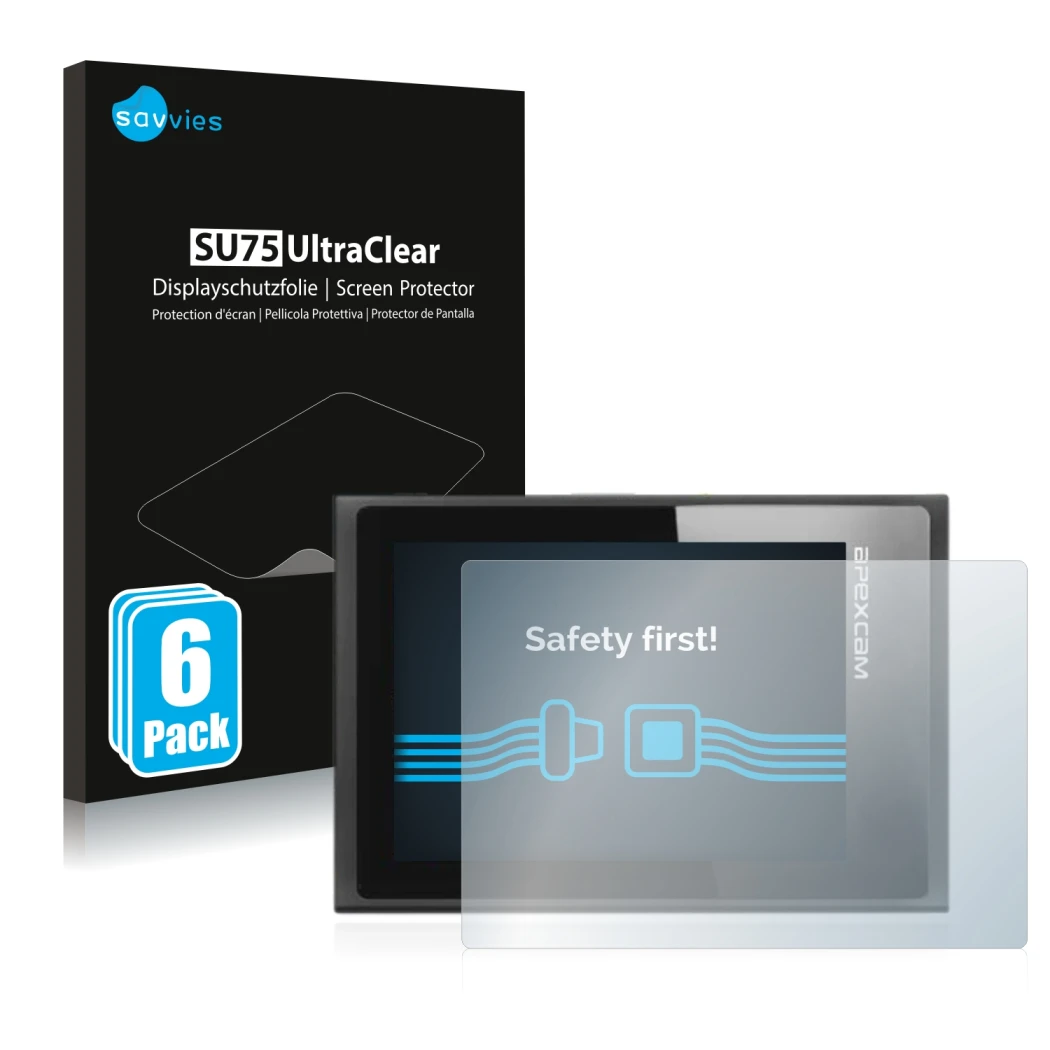 Parte frontal de un envase de producto con el logotipo de la marca Savvies. Al lado se muestra el dispositivo Apexcam ‎M80 Air