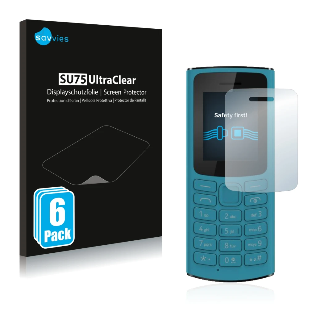 Parte frontal de un envase de producto con el logotipo de la marca Savvies. Al lado se muestra el dispositivo Nokia 105 4G 202