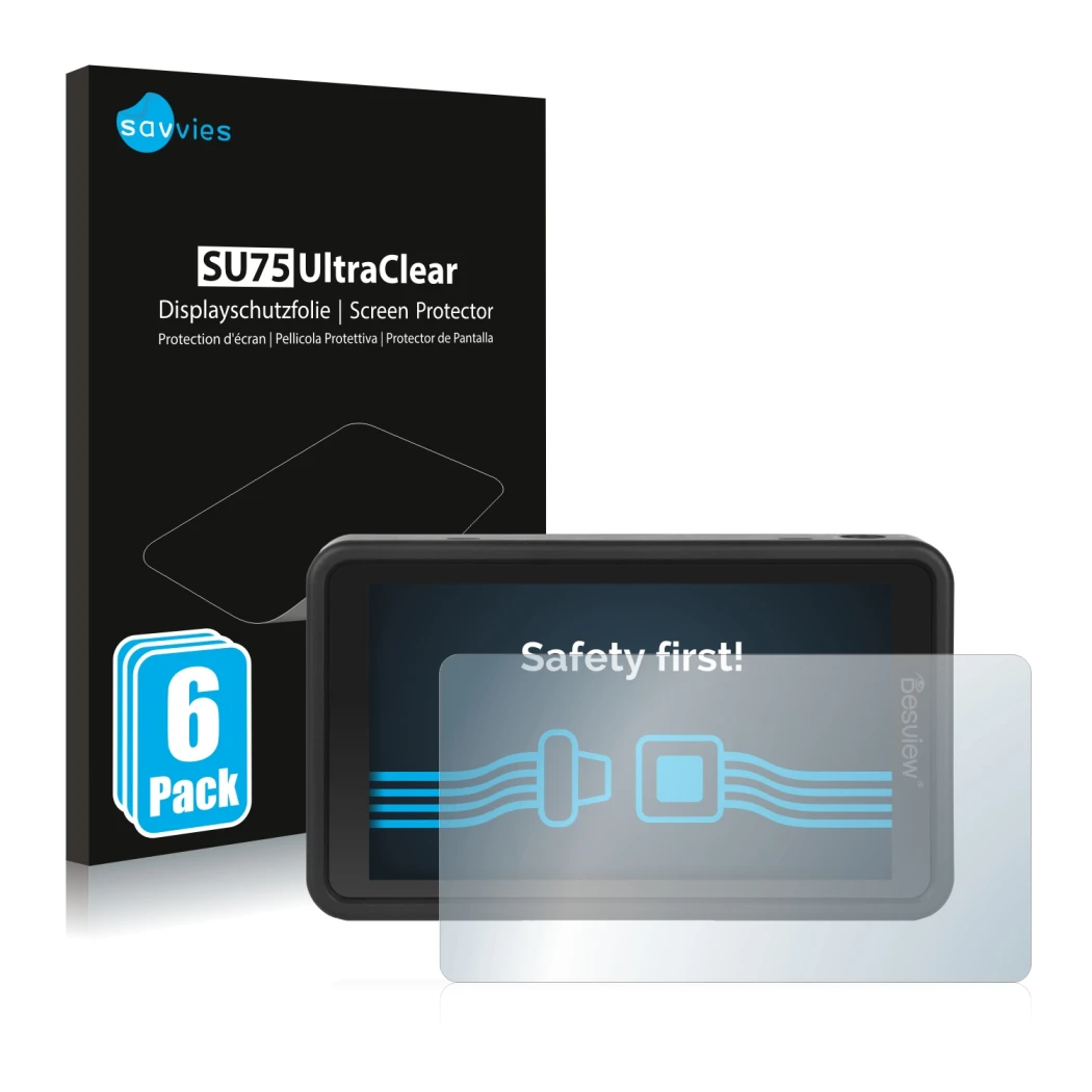 Parte frontal de un envase de producto con el logotipo de la marca Savvies. Al lado se muestra el dispositivo Desview R5 5.5