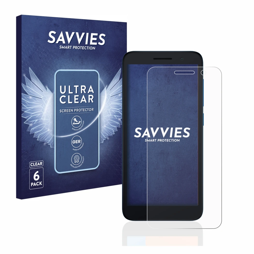 Parte frontal de un envase de producto con el logotipo de la marca Savvies. Al lado se muestra el dispositivo Alcatel 1 (2021)