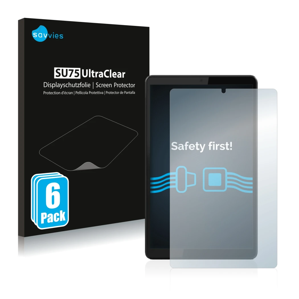 Parte frontal de un envase de producto con el logotipo de la marca Savvies. Al lado se muestra el dispositivo Lenovo Tab M8 (3