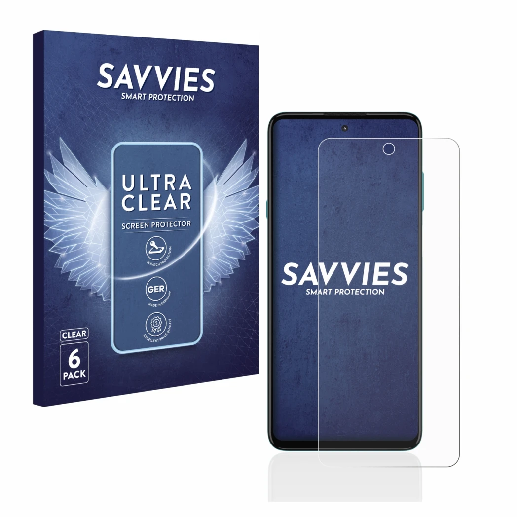 Parte frontal de un envase de producto con el logotipo de la marca Savvies. Al lado se muestra el dispositivo Motorola Edge 20