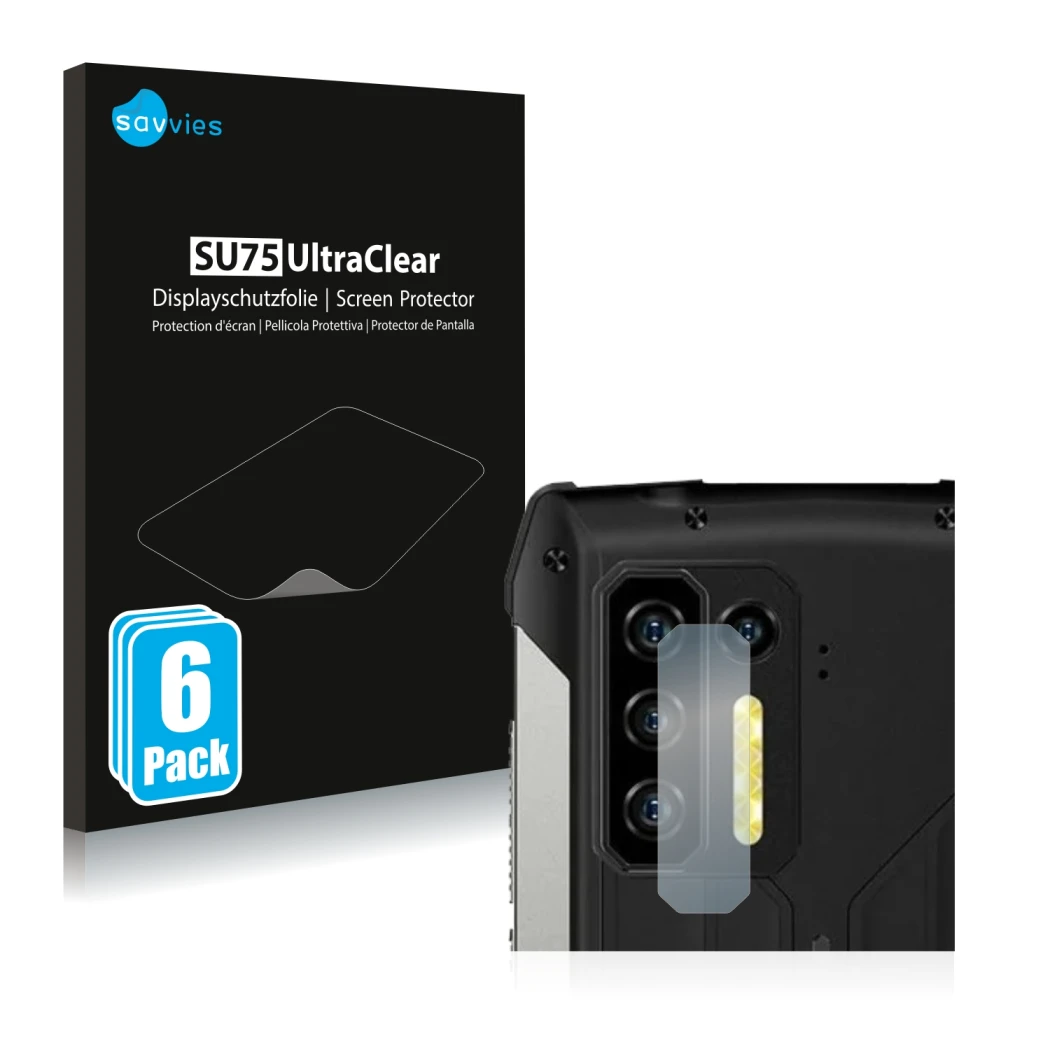 Parte frontal de un envase de producto con el logotipo de la marca Savvies. Al lado se muestra el dispositivo Ulefone Power Ar