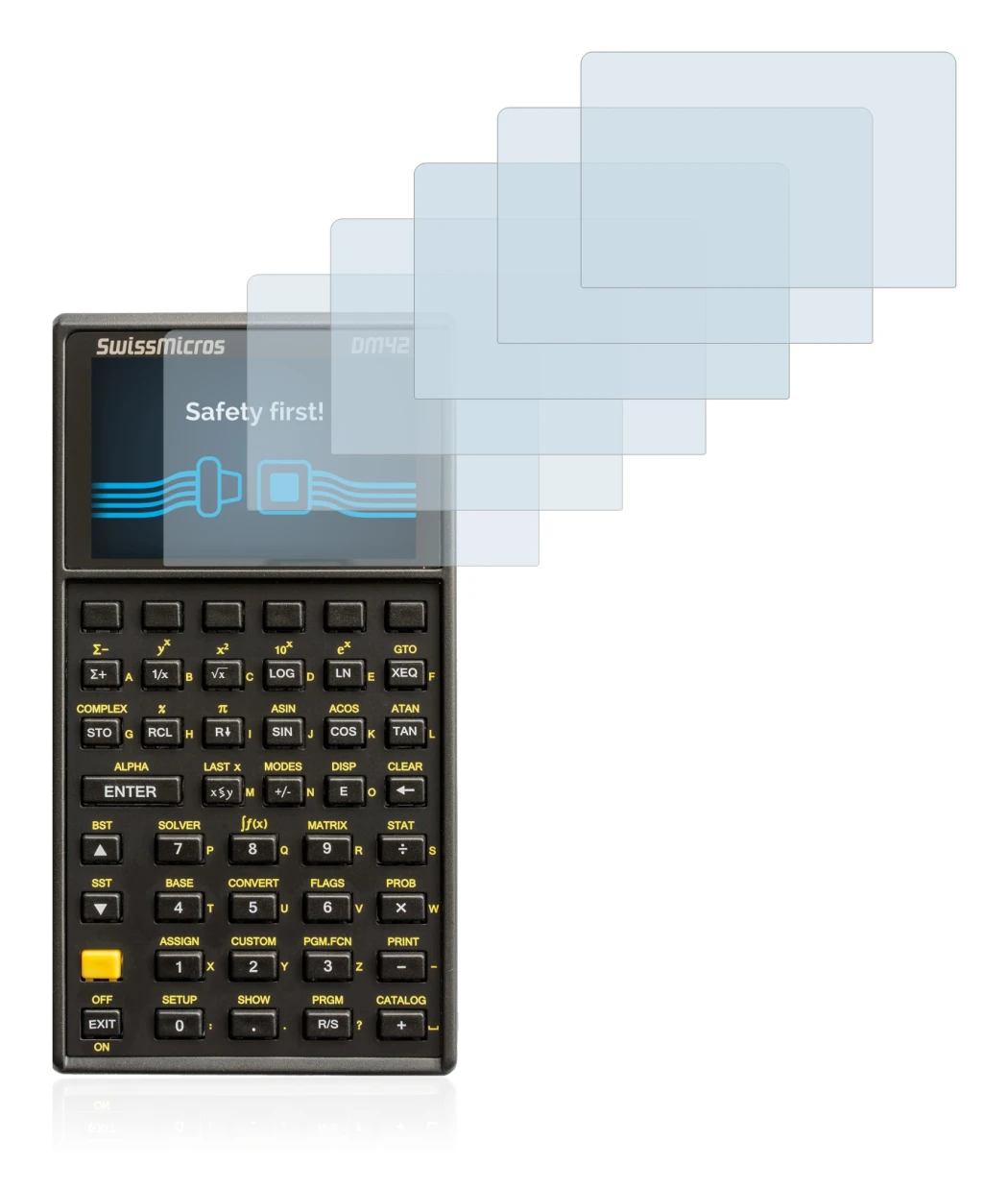 Imagen del dispositivo SwissMicros DM42 con una amplia variedad de protectores de pantalla.