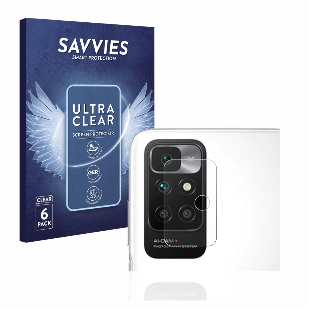 Parte frontal de un envase de producto con el logotipo de la marca Savvies. Al lado se muestra el dispositivo Xiaomi Redmi 10 