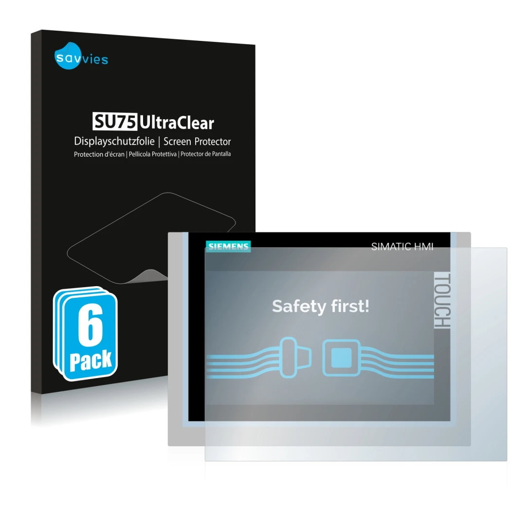 Parte frontal de un envase de producto con el logotipo de la marca Savvies. Al lado se muestra el dispositivo Siemens Simatic 