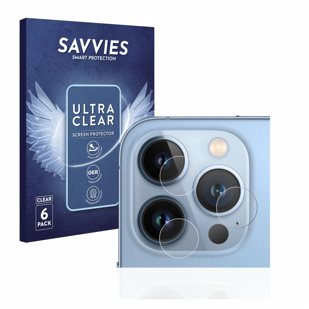 Parte frontal de un envase de producto con el logotipo de la marca Savvies. Al lado se muestra el dispositivo Apple iPhone 13 