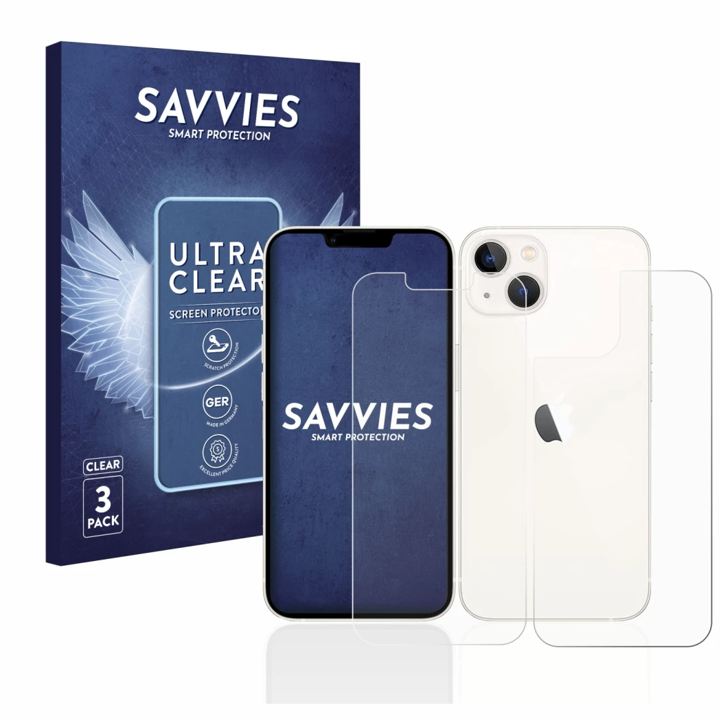 Parte frontal de un envase de producto con el logotipo de la marca Savvies. Al lado se muestra el dispositivo Apple iPhone 13 
