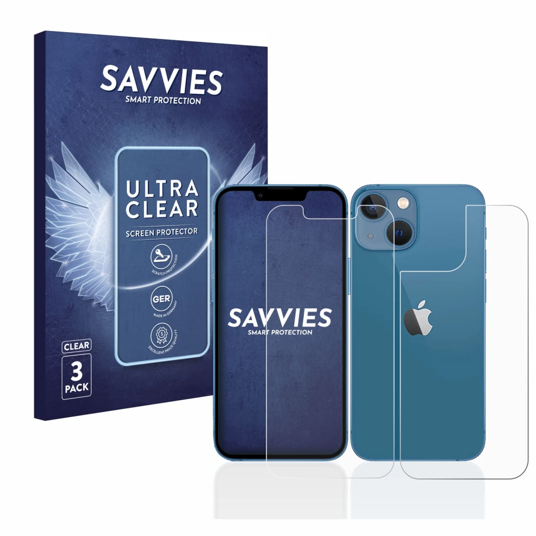 Parte frontal de un envase de producto con el logotipo de la marca Savvies. Al lado se muestra el dispositivo Apple iPhone 13 
