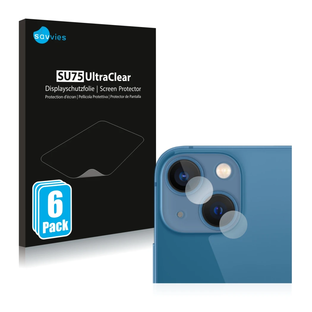 Parte frontal de un envase de producto con el logotipo de la marca Savvies. Al lado se muestra el dispositivo Apple iPhone 13 