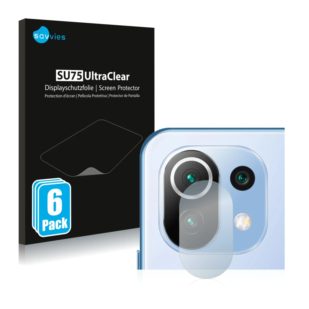 Parte frontal de un envase de producto con el logotipo de la marca Savvies. Al lado se muestra el dispositivo Xiaomi 11 Lite 5