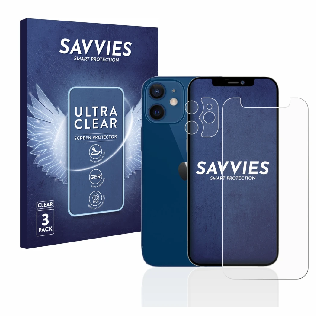 Parte frontal de un envase de producto con el logotipo de la marca Savvies. Al lado se muestra el dispositivo Apple iPhone 12 