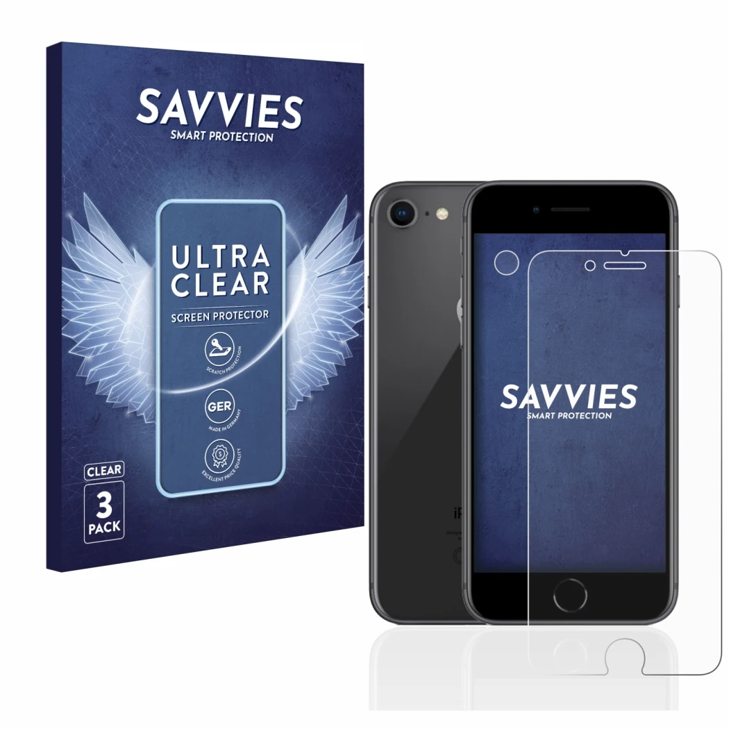 Parte frontal de un envase de producto con el logotipo de la marca Savvies. Al lado se muestra el dispositivo Apple iPhone 8 (