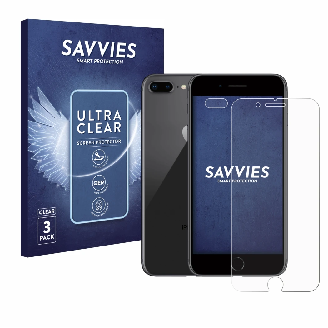 Parte frontal de un envase de producto con el logotipo de la marca Savvies. Al lado se muestra el dispositivo Apple iPhone 8 P