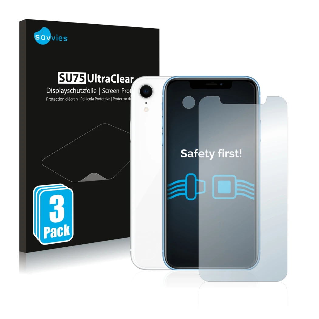 Parte frontal de un envase de producto con el logotipo de la marca Savvies. Al lado se muestra el dispositivo Apple iPhone XR 