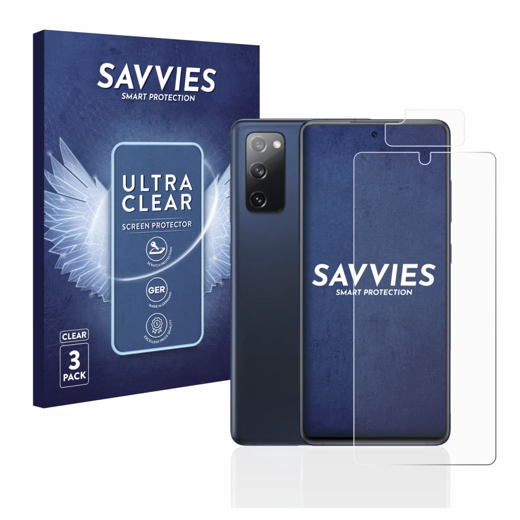 Parte frontal de un envase de producto con el logotipo de la marca Savvies. Al lado se muestra el dispositivo Samsung Galaxy S