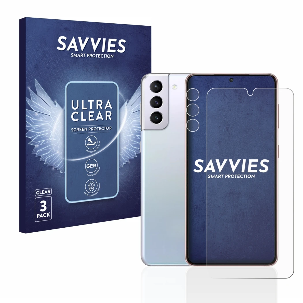 Parte frontal de un envase de producto con el logotipo de la marca Savvies. Al lado se muestra el dispositivo Samsung Galaxy S