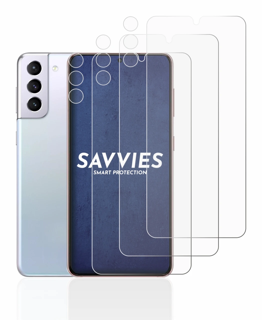 Imagen del dispositivo Samsung Galaxy S21 5G (Frontal+Cámara) con una amplia variedad de protectores de pantalla.
